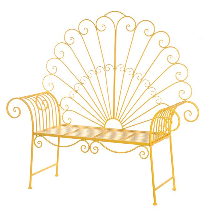 Decoratieve Metalen Tuinbank Geel – Vintage Sierbank met Rugleuning – Weerbestendige 2-Persoons Buitenbank